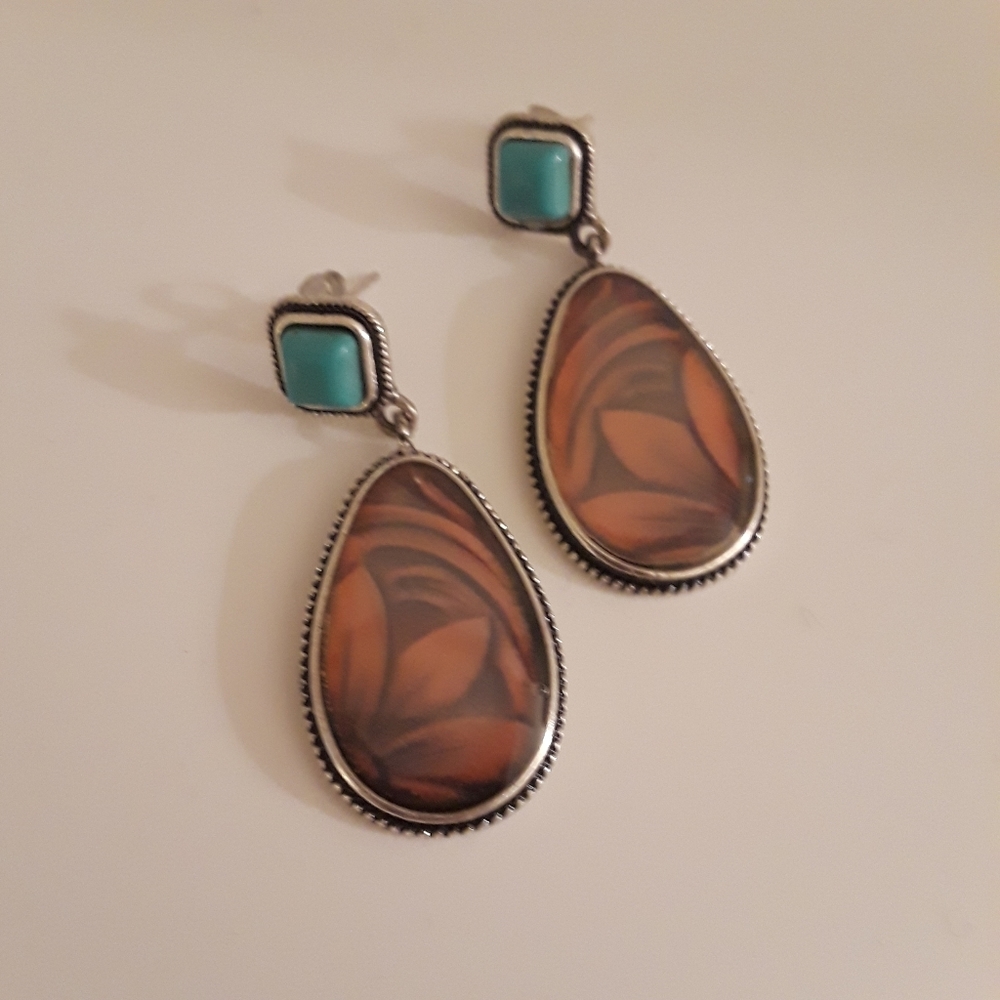 Turquoise and Leather Look Drop Earrings